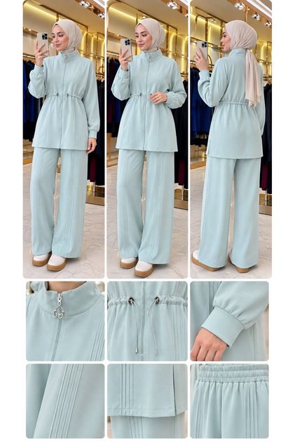 Women's Modest Cotton Two-Piece Set - Zip-Up Jacket and Wide-Leg Pants