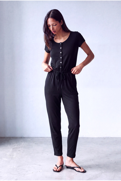 Women's Black Cotton Crew Neck Short Sleeve Waist Tie Buttoned Jumpsuit Brigid