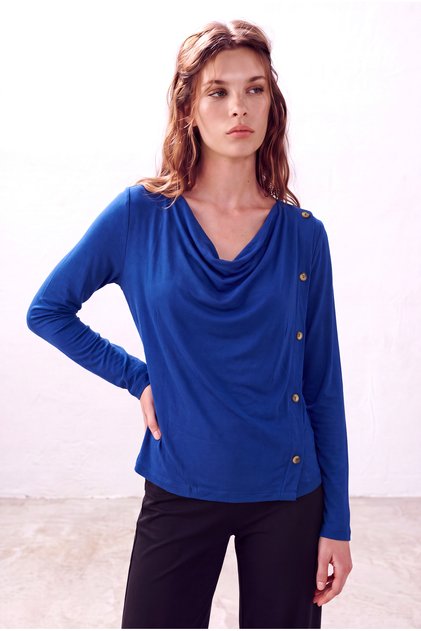 Women's Cobalt Blue Viscose Blend Flowy Drape Collar Long Sleeve Button Detailed Blouse Felicia