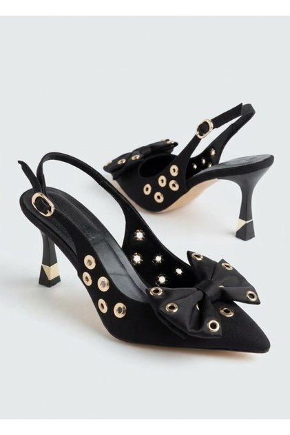 Black Bowknot Gold Metal Encased Open-Back Heeled Shoes