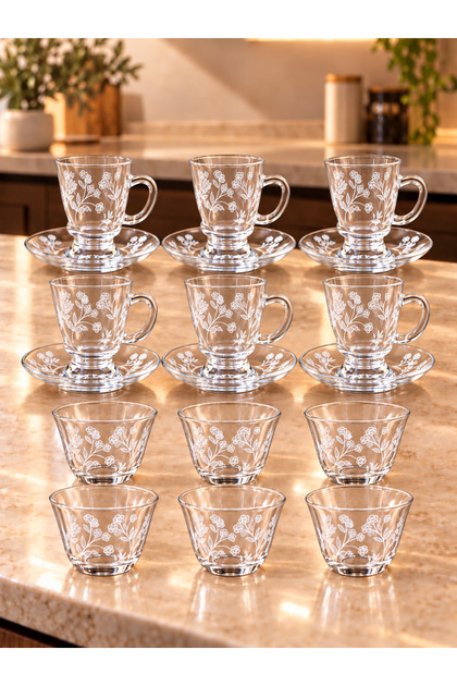 18 Piece Luxury Glass Tea Coffe Set White Pattern.