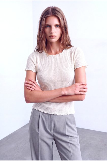 Women's White Openwork Crew Neck Short Sleeve Baby Overlock Detailed Blouse Ajour