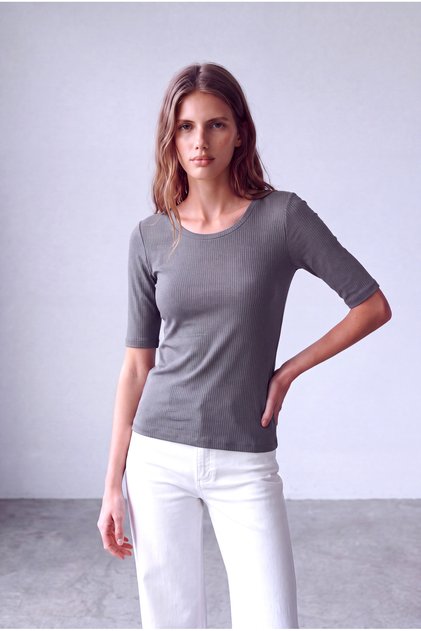 Women's Dark Gray Cotton Camisole Crew Neck 2/4 Sleeve Blouse Isabelle