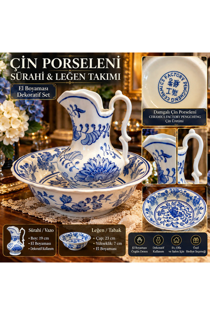 Çin Porseleni Mavi Beyaz Çiçek Desenli 2 Parça Sürahi Vazo ve Leğen Takımı – Pengcheng Damgalı Dekoratif Porselen Set