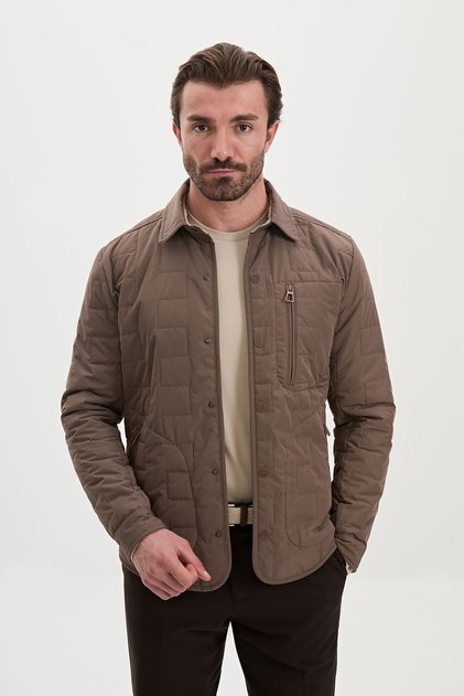 Quilted Slim Fit Shirt Collar Snap Button Men's Coat Milk Coffee - 39688.26K