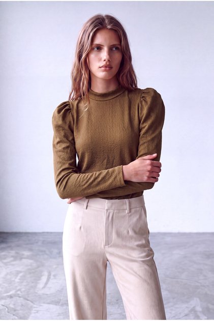 Women's Khaki Embossed Textured Stand Collar Long Balloon Sleeve Back Button Closure Blouse Lia