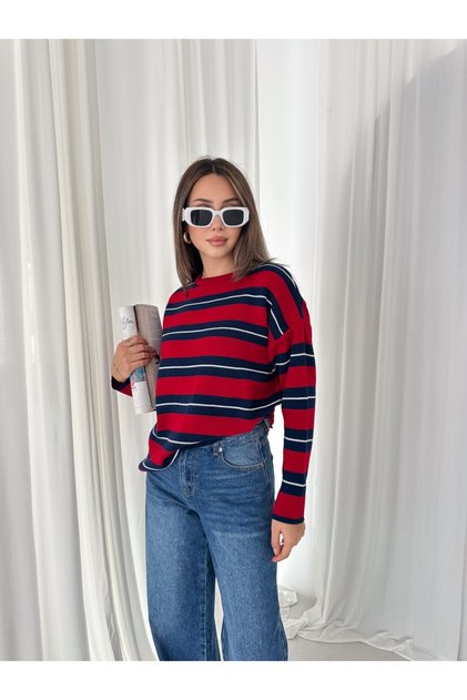 Crew Neck Contrast Striped Drop Shoulder Oversize Knitwear Sweater Aw26Kz00088