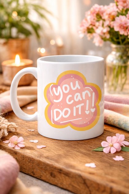 You Can Do It Written Porcelain Mug Model 126 – Motivational Message, Floral Design, Positive Energy