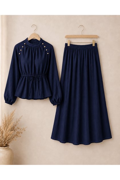Omzu Gold Button Detailed Skirt Suit - 6185 - Pck - Navy Blue