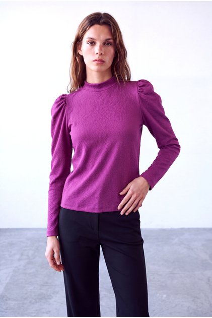 Lila Women's Lilac Embossed Textured Stand Collar Long Balloon Sleeve Back Button Closure Blouse Lia