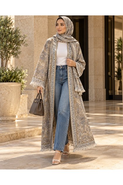 عباءة نسائية من الباشمينا مع شال متناسق - عباءة مفتوحة من الأمام بنقشة بيزلي جاكار مع أهداب