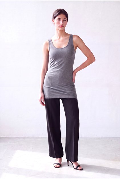 Women's Gray Melange Single Jersey Crew Neck Sleeveless Long Top Paige