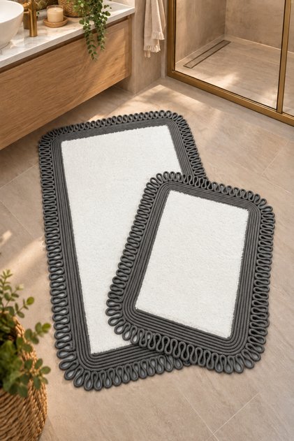 Melissa Trikot Kenar 2-Piece Bath Mat Set Wicker Jute Rope, Plush Furry Non-Slip Mat with Knitted Edges Decorative Bath Rug 70X110 cm + 50X70 cm