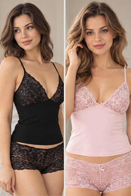 Women's Powder + Black 2 Set 4 Pieces Floral Lace Thin Strap Tank Top and Lace Boxer Briefs Set