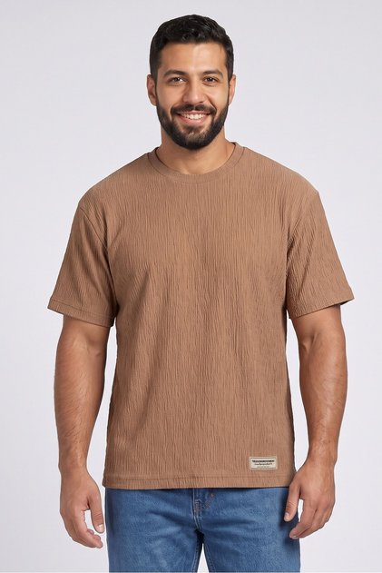 Men Crew Neck Short Sleeve Textured T-Shirt, Brown