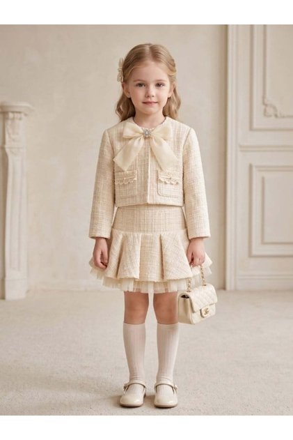 Girl's Bow Detailed Tweed Jacket Blouse and Tulle Detailed Skirt Set