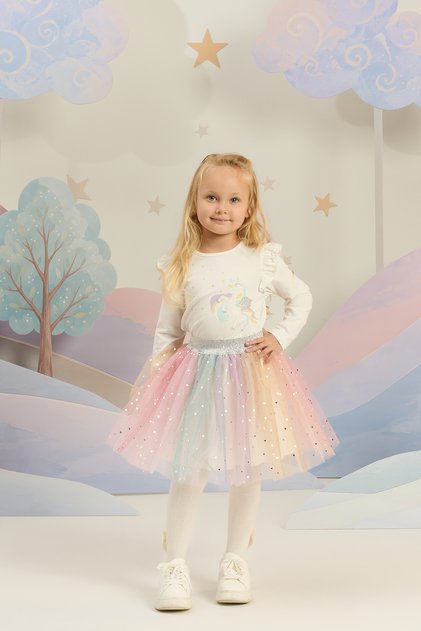 Unıcorn Desenli Omuzları Fırfırlı Modal Lycra Tshırt 2-6 Yaş Beyaz