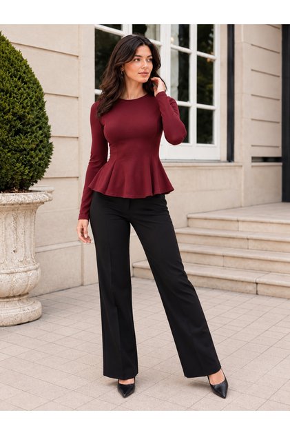 Kadın Dalgıç Kumaş Uzun Kollu Parmak Geçmeli Volanlı Peplum Bluz – Tesettür Kombinlerine Uygun