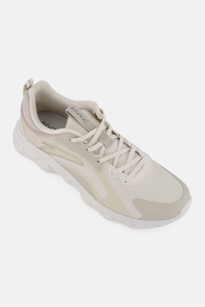 Men Brand Logo Lace Up Running Shoes, Beige