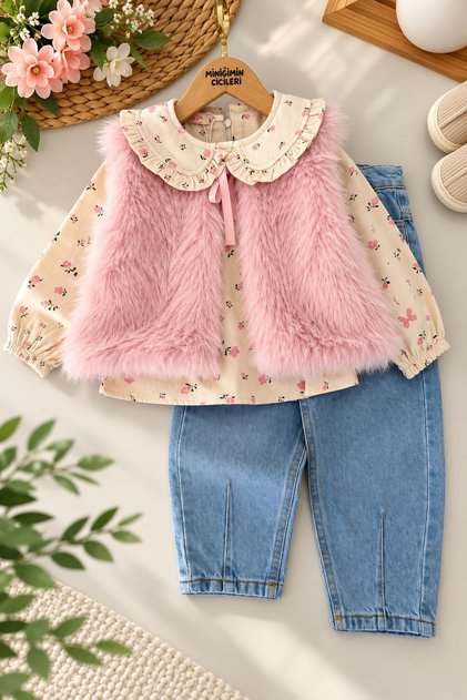 3-Piece Girls' Set with Fur Vest and Floral Print Shirt - Pink