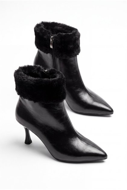 Women's Black Winter Patent Leather Fur Zippered Pointed Toe Thin Heeled Boots Atel