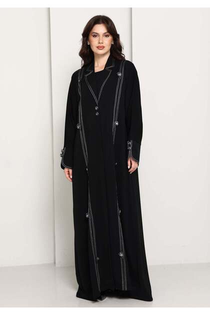 Jet Black Open Abaya with Tailored Lapel & Contrast Stitch Detailing