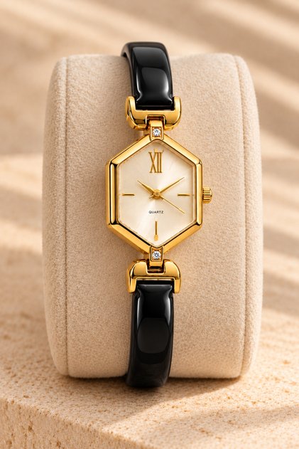 Ganios Black Cord Gold Color Geometric Case Stone Detailed Minimal Women's Wristwatch