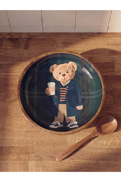Esvab • Modern & Distinctive Checkered Embroidered Bear Printed Wooden Bowl