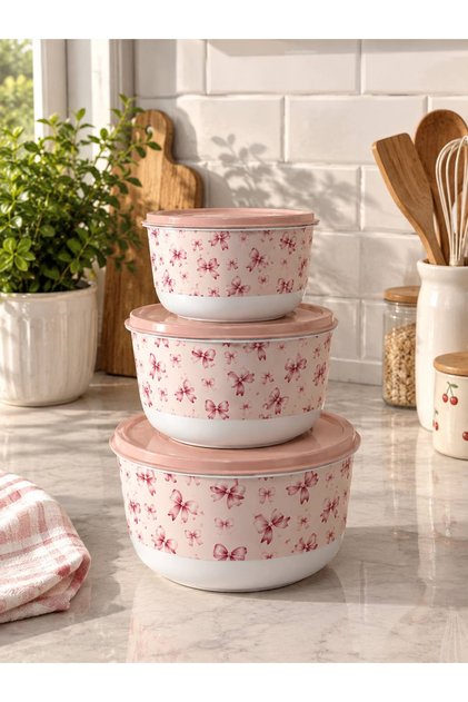 Kurdele Desenli Saklama Kabı Seti 3’lü Kapaklı Mutfak Saklama Kabı