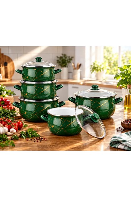 Set de 5 oale emailate cu capac din sticlă, capacitate 2 l, 2,8 l, 3,8 l, 4,8 l, 6,2 l, Verde