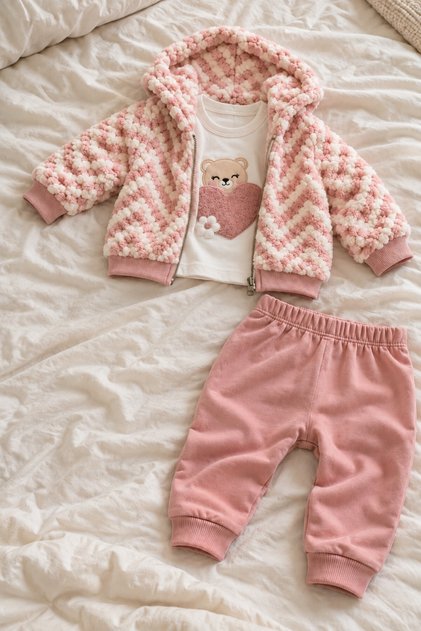 Baby Girl 3-Piece Set Teddy Bear Heart Detailed Hooded Cardigan Long Sleeve Top and Bottom Set