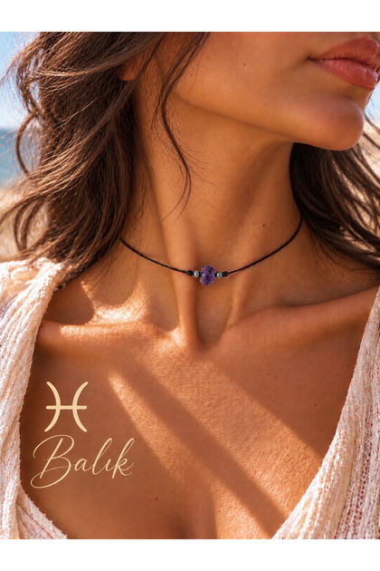 Pisces Zodiac Sign Adjustable Necklace with Real Natural Amethyst Stone