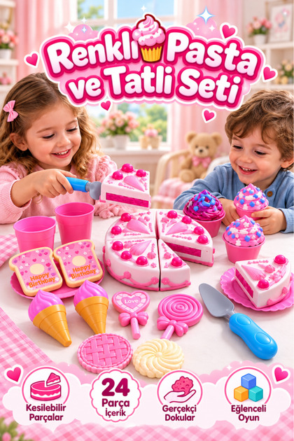 Renkli Pasta Ve Tatlı 24 Parça Gerçekçi Görünümlü Eğitici Eğlenceli Oyuncak Pasta Çay Seti