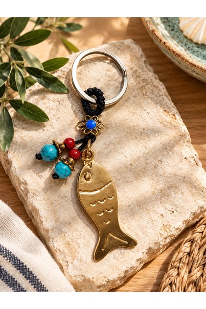 Metal Fish Figured Feng Shui Abundance and Luck Keychain – Mystical Talisman, Turquoise and Red Beaded Abundance and Wealth Accessory