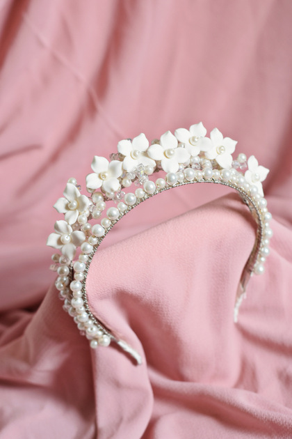 Adeluna Design Porcelain Floral Bridal Crown with Pearls – Handmade Double Row Wedding and Bridal Hair Accessory with Crystal Detail