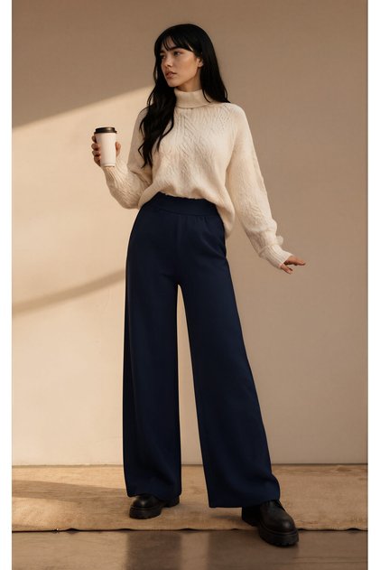 Women's Navy Blue High Waist Wide Leg Trousers