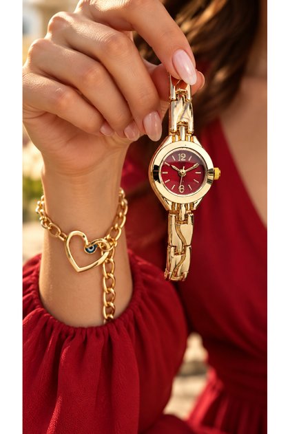 Stylish Boxed, Mini Case, Yellow Color Cord, Red Dial Women's Wristwatch+Bracelet