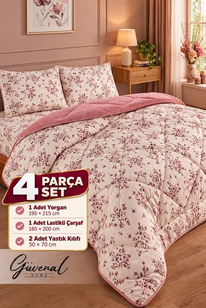 Julia | Patterned Double-Sided Wellsoft Elastic Sheet and Pillowcase Sleeping Set | Quilt | Elastic Fitted Sheet | Pillowcase | Anti-Allergic | Home Textiles | Dowry | 4 Pieces