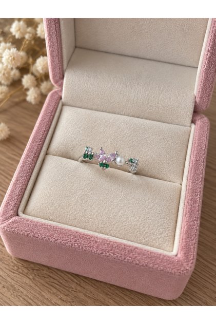 Silver Color Colorful Stone Flower Detailed Pearl-Looking Elegant Ring