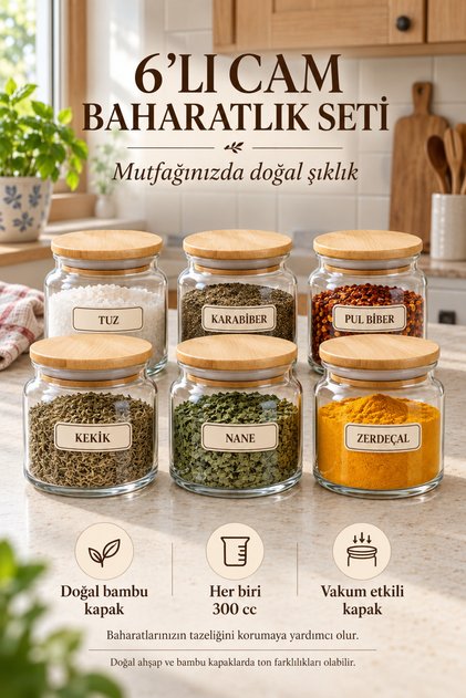 6-Piece Premium Glass Spice Jar Set with Bamboo Lids – Vacuum Kitchen Organizer Dowry Set