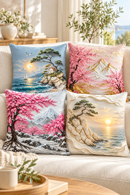 3D Look Nature View Decorative Throw Pillow Cover – Sea, Mountain, Cherry Blossom and Pine Tree Pattern 43X43 cm – (Double-Sided)