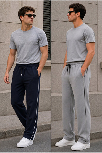 Men's Navy Blue-Grey Side-Piped Baggy Sweatpants Comfortable Fit