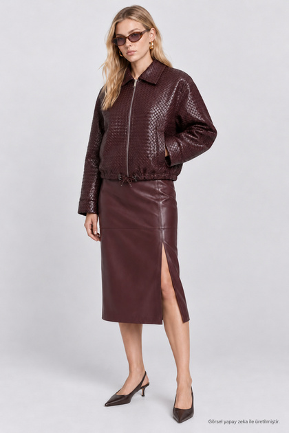 Honeycomb Patterned Faux Leather Jacket Laz0023 Mürdüm