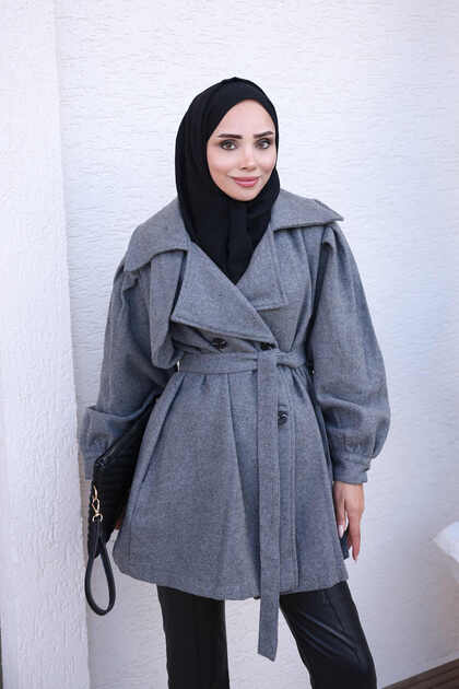 Smoked Double-Breasted Collar Short Cashmere Coat with Waist Belt