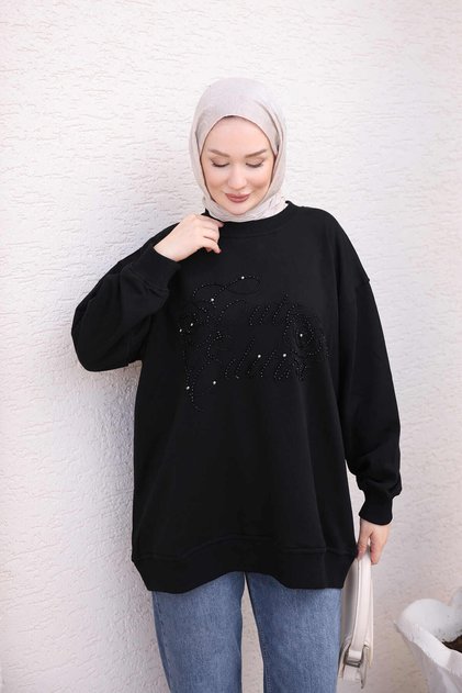 Siyah Boncuk İşlemeli İki İplik Sweatshirt