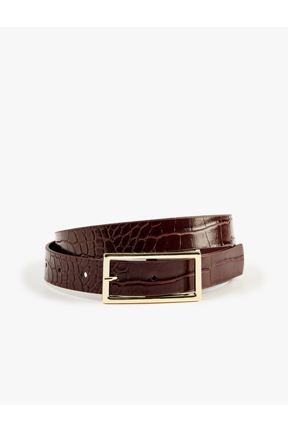 Crocodile Look Faux Leather Belt with Metal Buckle Detail