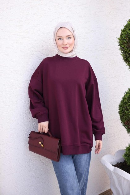 Mürdüm Bisiklet Yaka Oversize Basic Sweatshirt