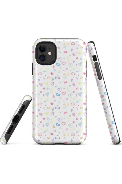 iPhone 11 Compatible - Colorful Hearts, Double Layer Cover, Glossy Surface Protective Case