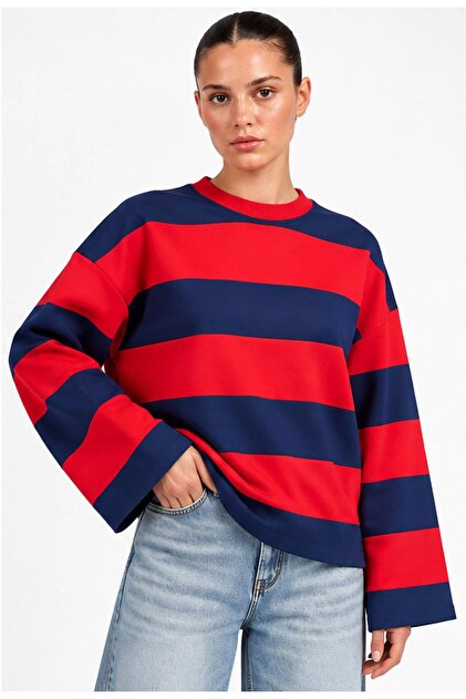Women's Thick Striped Crew Neck Oversize Sweatshirt