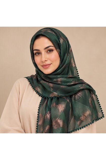 شال طرحة من البوليستر بنقشة زهرية لامعة وحواف مزركشة